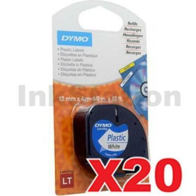 20 x Dymo 91201 / 91331 Genuine 12mm x 4m Black on White LetraTag Label Plastic Tape