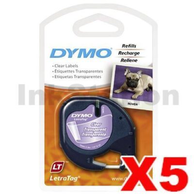 5 x Dymo SD12267 / 16952 Genuine 12mm x 4m Black On Clear Plastic Tape