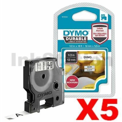 5 x Dymo SD1978364 Genuine 12mm x 5.5m Black On White D1 Durable Label Tape