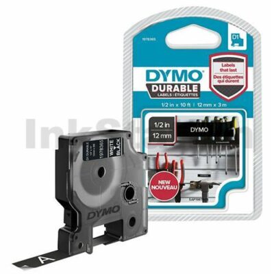 Dymo SD1978365 Genuine 12mm x 3m White On Black D1 Durable Label Tape