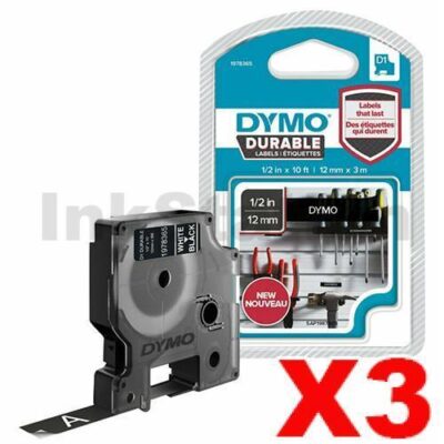 3 x Dymo SD1978365 Genuine 12mm x 3m White On Black D1 Durable Label Tape