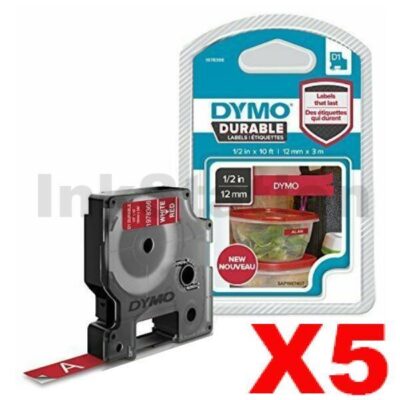 5 x Dymo SD1978366 Genuine 12mm x 3m White On Red D1 Durable Label Tape