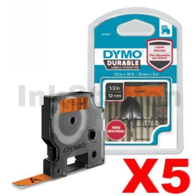 5 x Dymo SD1978367 Genuine 12mm x 3m Black On Orange D1 Durable Label Tape