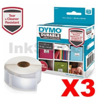 3 x Dymo SD1976411 Genuine Black On White Durable Label Roll 25mm x 54mm - 160 labels per roll