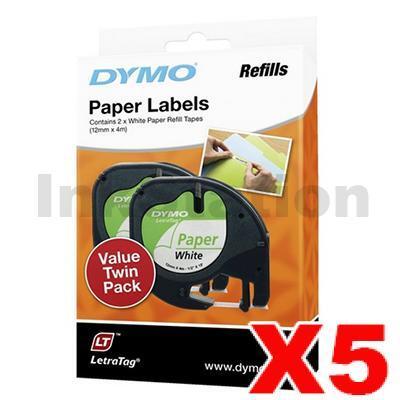 5 x Dymo SD92630 / 10697 Genuine 12mm x 4m Black On White LetraTag Paper Tape Twin Pack