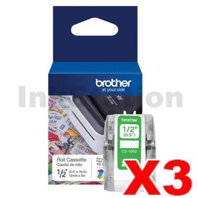 3 x Brother CZ-1002 Genuine Full Colour Continuous Paper Label Roll Cassette 12mm x 5m