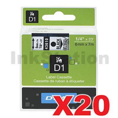 20 x Dymo SD43610 / S0720770 Genuine 6mm Black Text on Clear Label Cassette - 7 meters