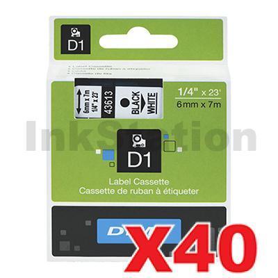 40 x Dymo SD43613 / S0720780 Genuine 6mm Black Text on White Label Cassette - 7 meters