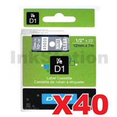 40 x Dymo SD45020 / S0720600 Genuine 12mm White Text on Clear Label Cassette - 7 meters