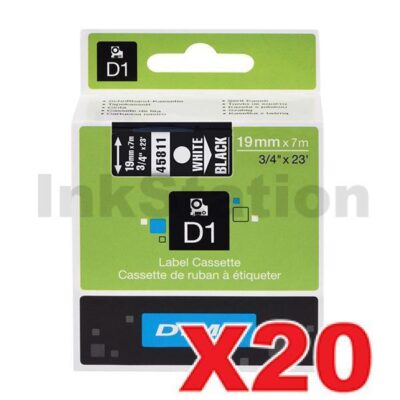 20 x Dymo SD45811 / S0720910 Genuine 19mm White Text on Black Label Cassette - 7 meters