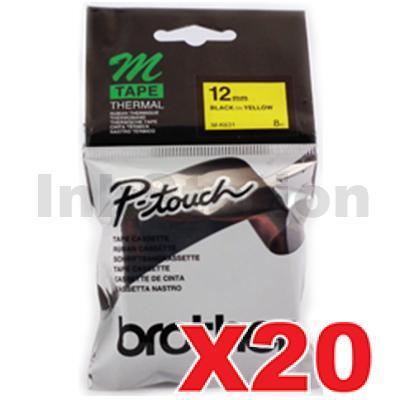20 x Brother M-K631 Genuine 12mm Black Text on Yellow Tape - 8 meters