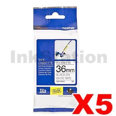 5 x Brother TZe-FX261 Genuine 36mm Black Text on White Flexible Tape - 8 metres