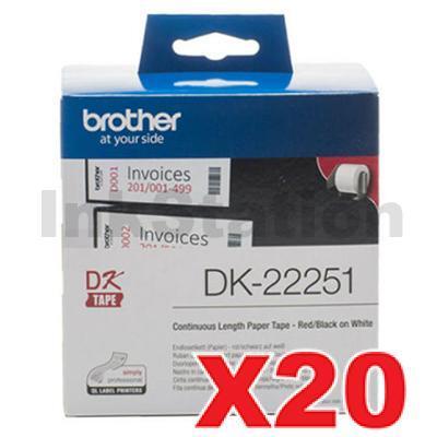 20 x Brother DK-22251 Genuine Black & Red Text on White Continuous Label Roll 62mm x 15.24m