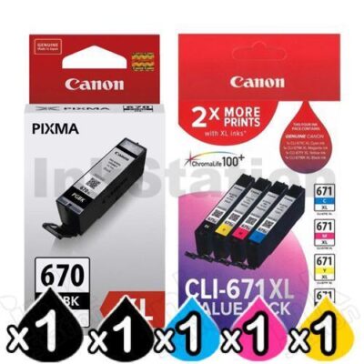 Genuine Canon PGI-670XLBK + CLI-671XLVP Value Pack High Yield Inkjet Cartridges Combo [1BK,1PBK,1C,1M,1Y]