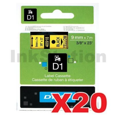 20 x Dymo SD40918 / S0720730 Genuine 9mm Black Text on Yellow Label Cassette - 7 meters