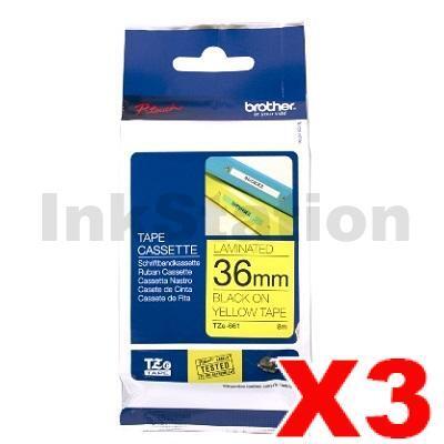 3 x Brother TZe-S661 Genuine 36mm Black Text on Yellow Strong Adhesive Laminated Tape - 8 metres