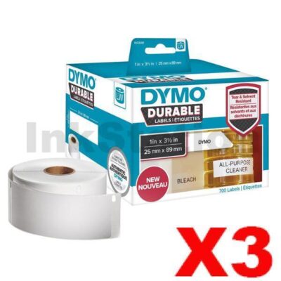 3 x Dymo 1933081 Genuine Durable Industrial White Label Roll 25mm x 89mm - 700 labels per roll