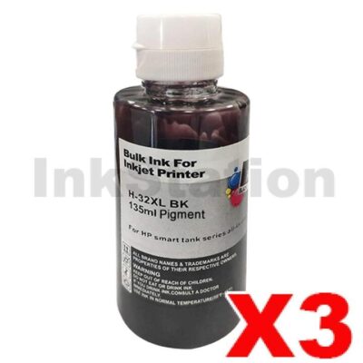3 x HP 32XL Compatible Black Ink Bottle 1VV24AA - 135ml