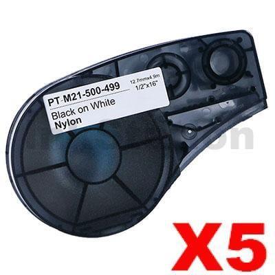 5 x Compatible Brady M21-500-499 Black on White Nylon Label Tape 12.7mm x 4.9m