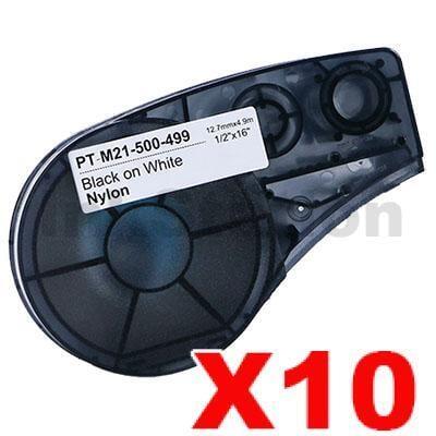 10 x Compatible Brady M21-500-499 Black on White Nylon Label Tape 12.7mm x 4.9m
