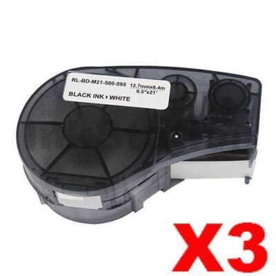 3 x Compatible Brady M21-500-595-WT Black on White Vinyl Label Tape 12.7mm x 6.4m
