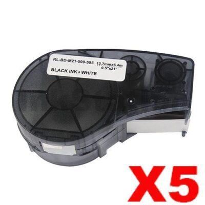 5 x Compatible Brady M21-500-595-WT Black on White Vinyl Label Tape 12.7mm x 6.4m