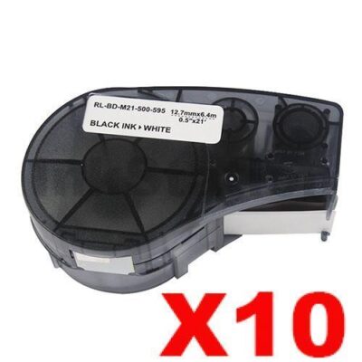 10 x Compatible Brady M21-500-595-WT Black on White Vinyl Label Tape 12.7mm x 6.4m