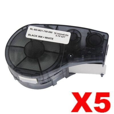 5 x Compatible Brady M21-750-595-WT Black on White Vinyl Label Tape 19.1mm x 6.4m