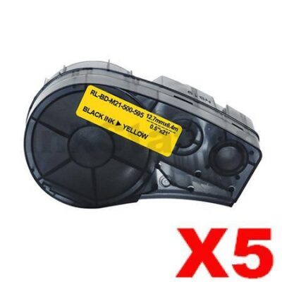 5 x Compatible Brady M21-500-595-YL Black on Yellow Vinyl Label Tape 12.7mm x 6.4m