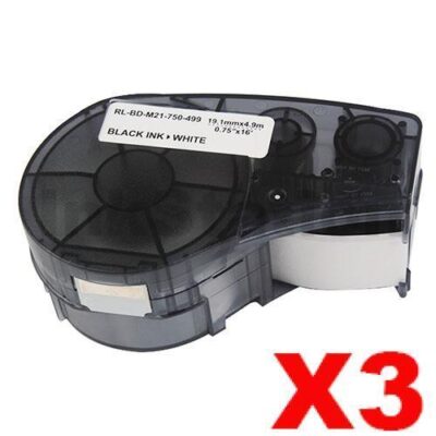 3 x Compatible Brady M21-750-499 Black on White Nylon Label Tape 19.1mm x 4.9m