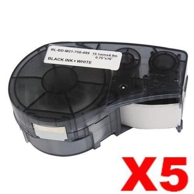 5 x Compatible Brady M21-750-499 Black on White Nylon Label Tape 19.1mm x 4.9m
