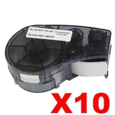 10 x Compatible Brady M21-750-499 Black on White Nylon Label Tape 19.1mm x 4.9m