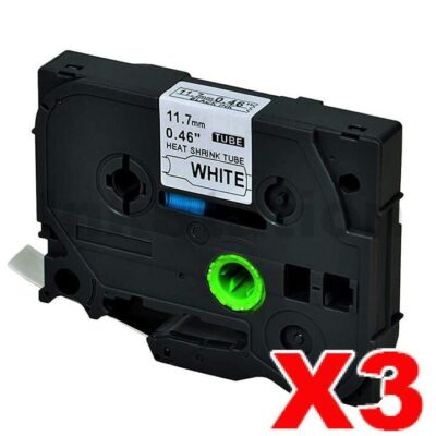 3 x Brother HSe-231 Compatible 11.7mm Black Text on White Heat Shrink Tube Tape - 1.5 meters