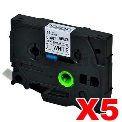5 x Brother HSe-231 Compatible 11.7mm Black Text on White Heat Shrink Tube Tape - 1.5 meters
