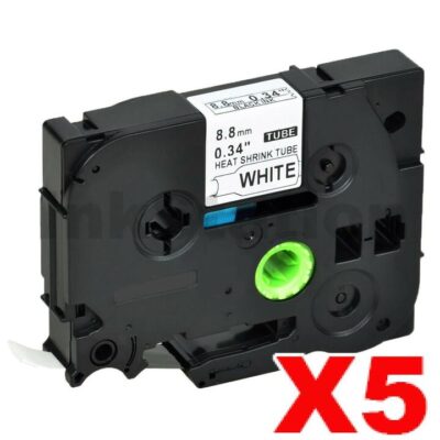 5 x Brother HSe-221 Compatible 8.8mm Black Text on White Heat Shrink Tube Tape - 1.5 meters