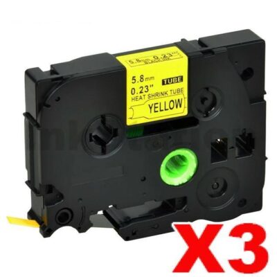 3 x Brother HSe-611 Compatible 5.8mm Black Text on Yellow Heat Shrink Tube Tape - 1.5 meters