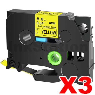 3 x Brother HSe-621 Compatible 8.8mm Black Text on Yellow Heat Shrink Tube Tape - 1.5 meters