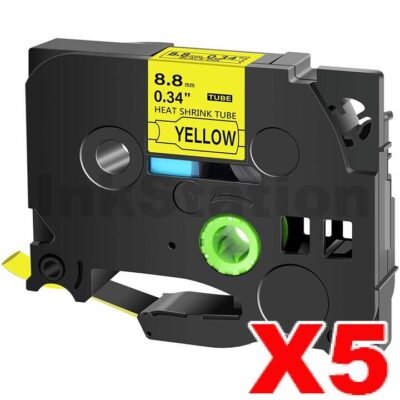 5 x Brother HSe-621 Compatible 8.8mm Black Text on Yellow Heat Shrink Tube Tape - 1.5 meters