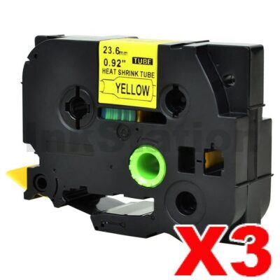 3 x Brother HSe-651 Compatible 23.6mm Black Text on Yellow Heat Shrink Tube Tape - 1.5 meters