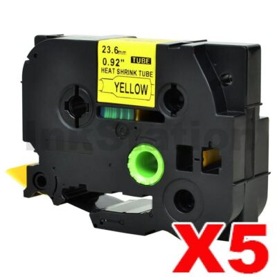 5 x Brother HSe-651 Compatible 23.6mm Black Text on Yellow Heat Shrink Tube Tape - 1.5 meters