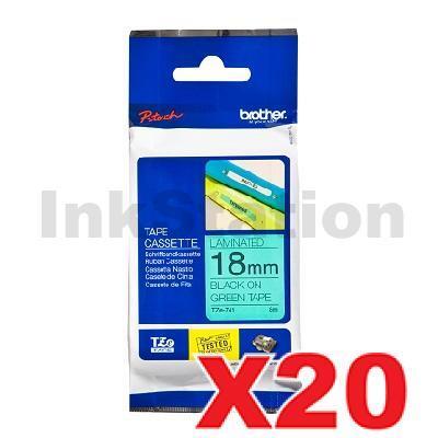 20 x Brother TZe-741 Genuine 18mm Black Text on Green Laminated Tape - 8 meters
