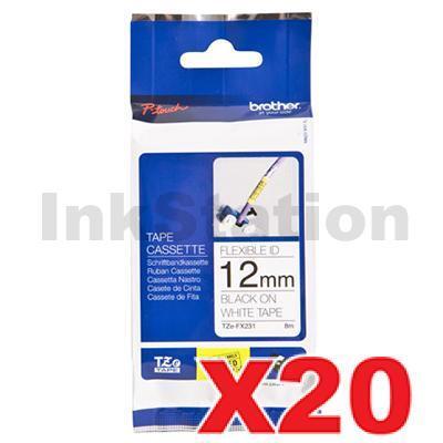 20 x Brother TZe-FX231 Genuine 12mm Black Text on White Flexible ID Laminated Tape - 8 metres