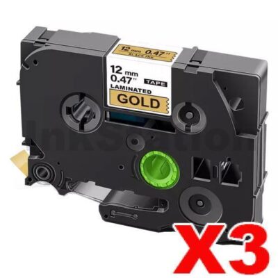 3 x Brother TZe-831 Compatible 12mm Black Text on Gold Laminated Tape - 8 meters