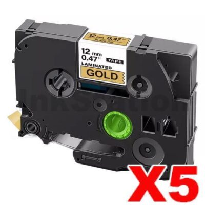 5 x Brother TZe-831 Compatible 12mm Black Text on Gold Laminated Tape - 8 meters