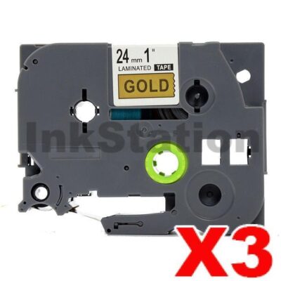 3 x Brother TZe-851 Compatible 24mm Black Text on Laminated Gold Tape - 8 meters