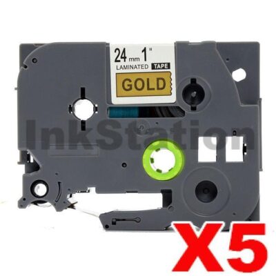5 x Brother TZe-851 Compatible 24mm Black Text on Gold Laminated Tape - 8 meters