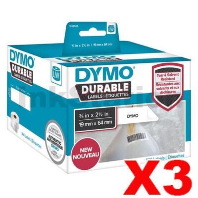 3 x Dymo 1933085 Genuine Durable Industrial White Label Roll 19mm x 64mm - 900 labels per pack