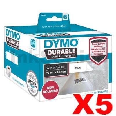 5 x Dymo 1933085 Genuine Durable Industrial White Label Roll 19mm x 64mm - 900 labels per pack