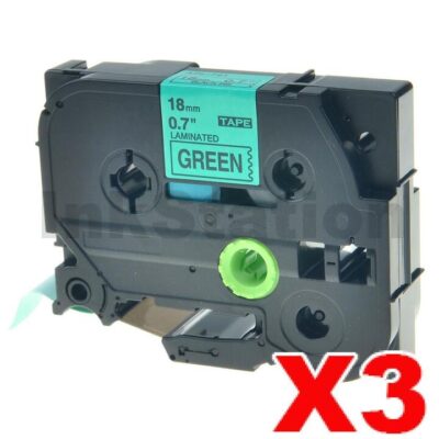 3 x Brother TZe-741 Compatible 18mm Black Text on Green Laminated Tape - 8 meters