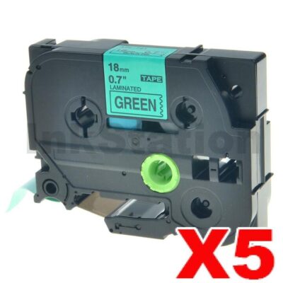 5 x Brother TZe-741 Compatible 18mm Black Text on Green Laminated Tape - 8 meters